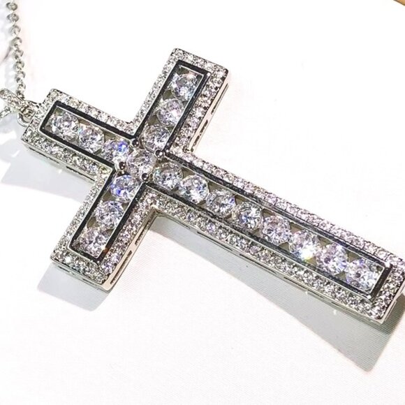 Fashion Jewelry Other - 🆕 Large Halo 8.00 Ctw Diamond Cross and 18" Necklace 18k White Gold 🆕